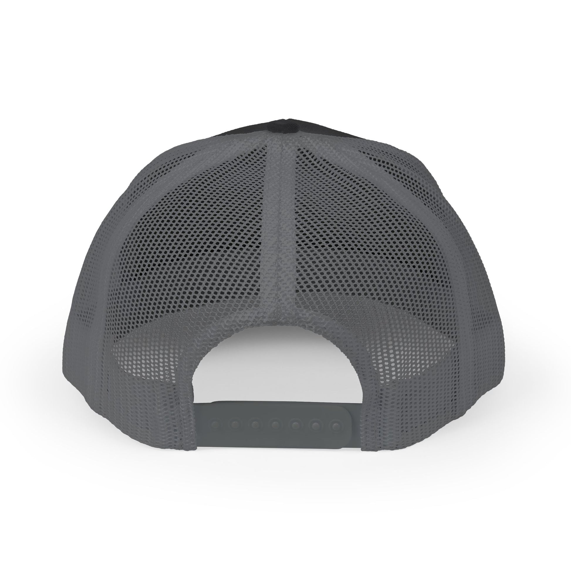 Back view of gray and gray Rack & River Outdoors mesh trucker cap 
