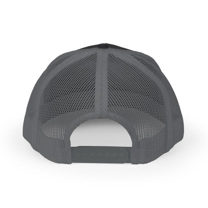 Back view of gray and gray Rack & River Outdoors mesh trucker cap 