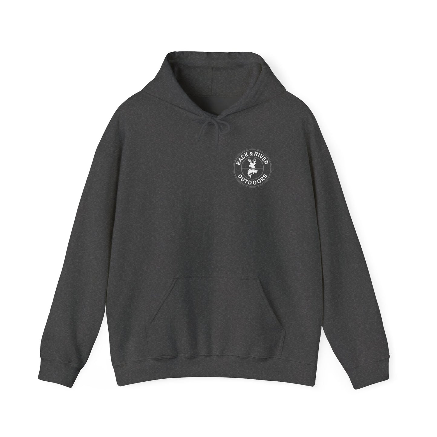 Gray hoodie with small front chest Rack & River Outdoors logo.