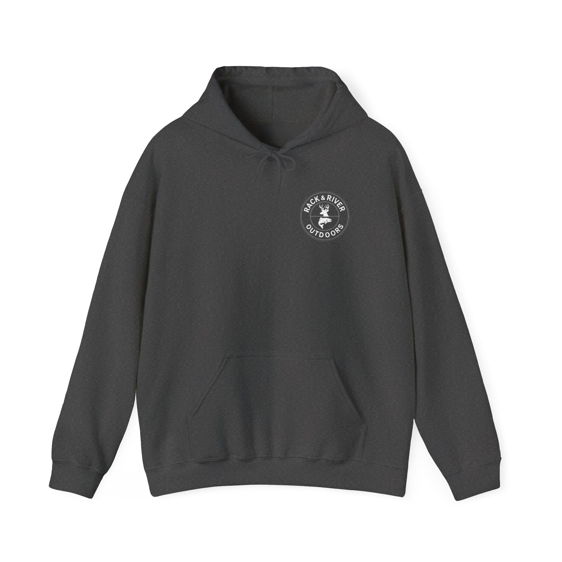 Gray hoodie with small front chest Rack & River Outdoors logo.