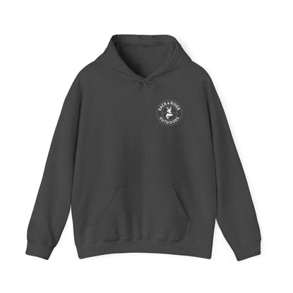 Gray hoodie with small front chest Rack & River Outdoors logo.