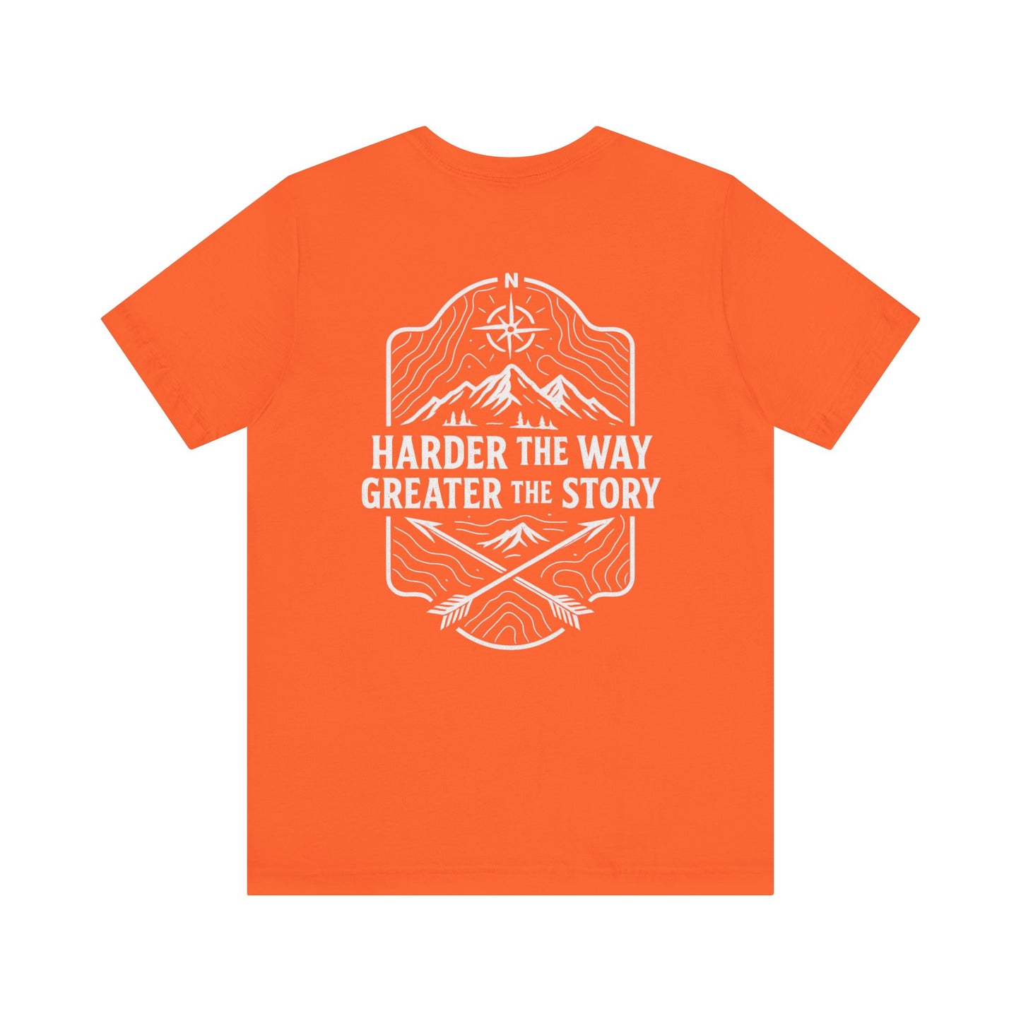 Orange Rack & River Outdoors t-shirt with ‘Harder the Way, Greater the Story’ mountain compass graphic on the back.