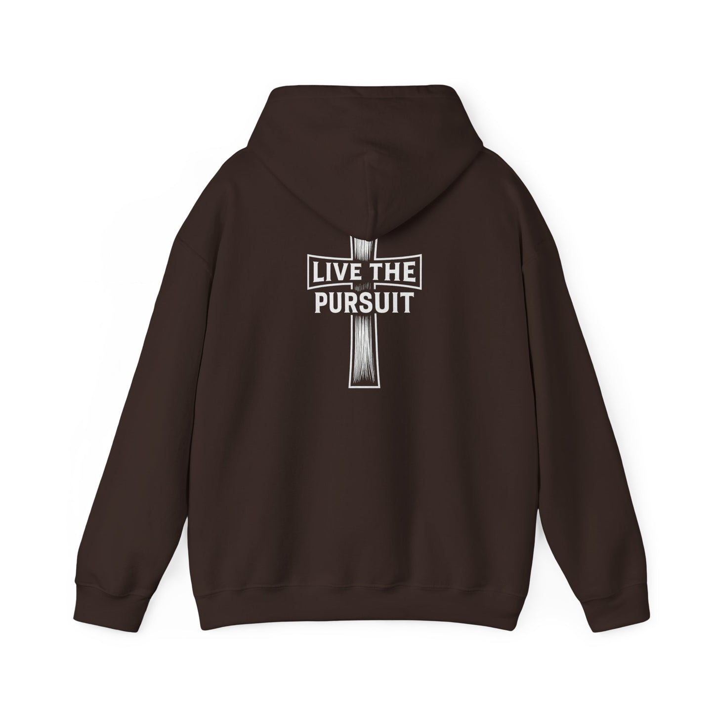 Brown Christian hoodie with Live The Pursuit cross design on the back.