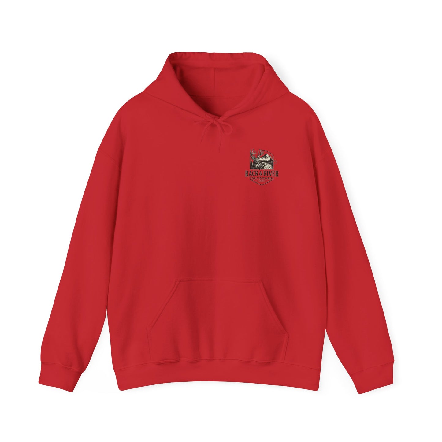 Red hoodie with small Rack & River Outdoors chest logo, Christian outdoor apparel.
