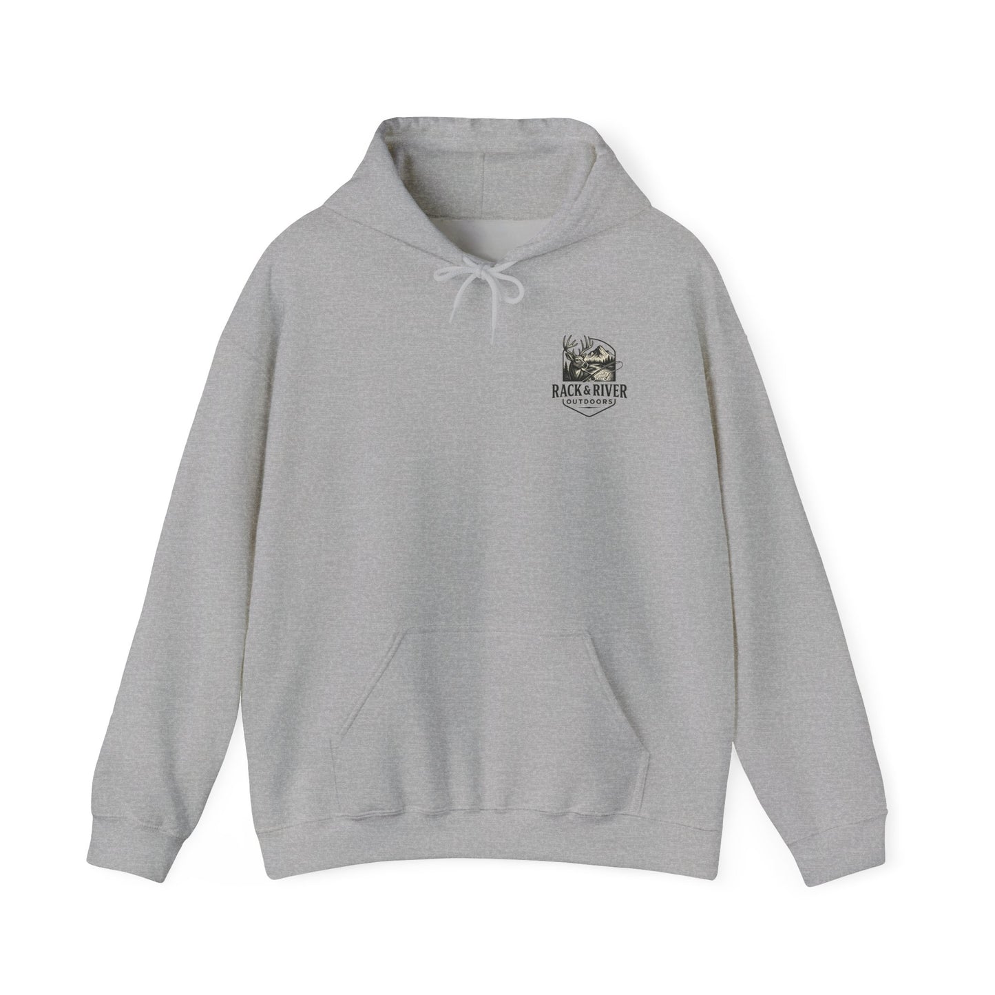 Gray hoodie with small Rack & River Outdoors chest logo, Christian outdoor apparel.