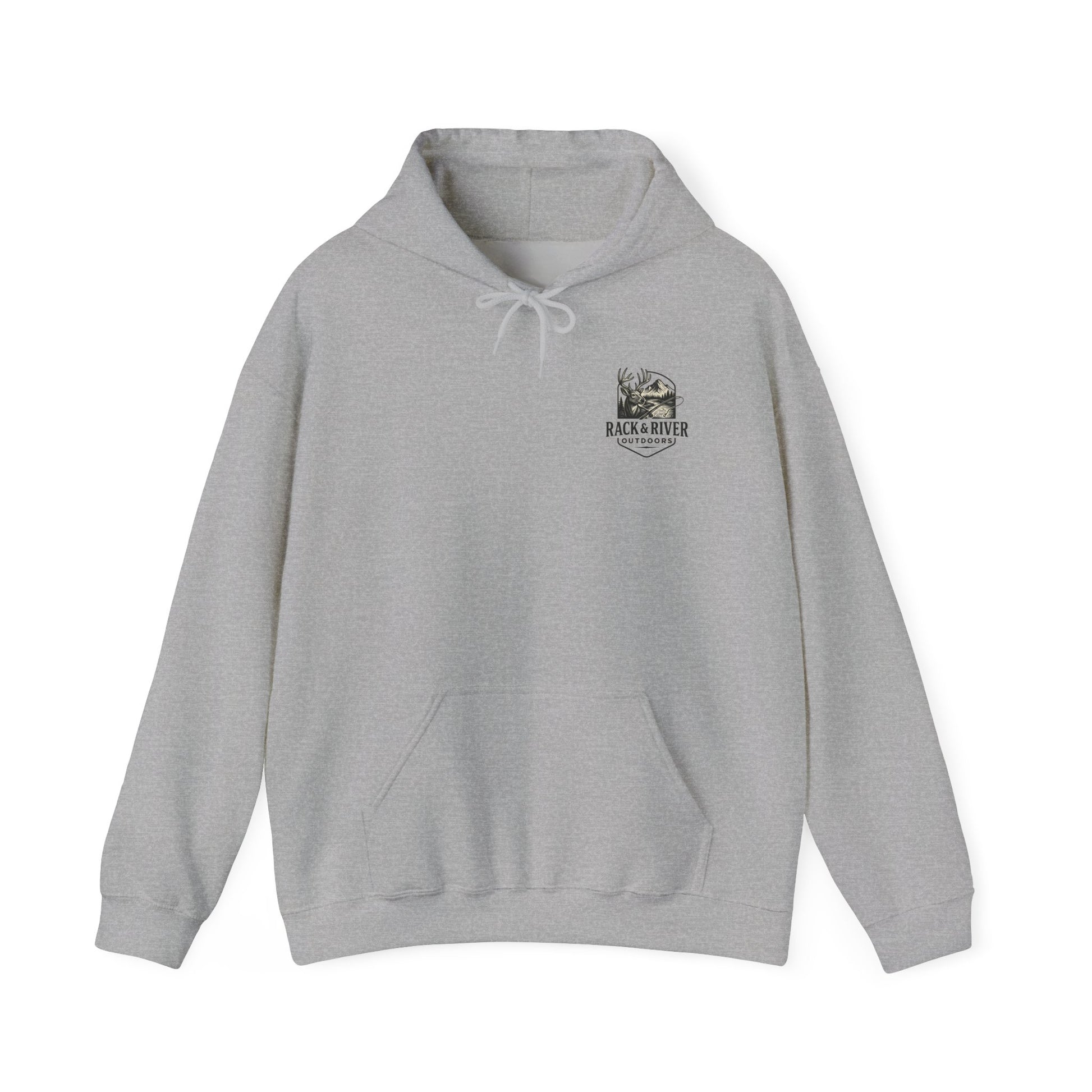 Gray hoodie with small Rack & River Outdoors chest logo, Christian outdoor apparel.