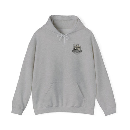 Gray hoodie with small Rack & River Outdoors chest logo, Christian outdoor apparel.