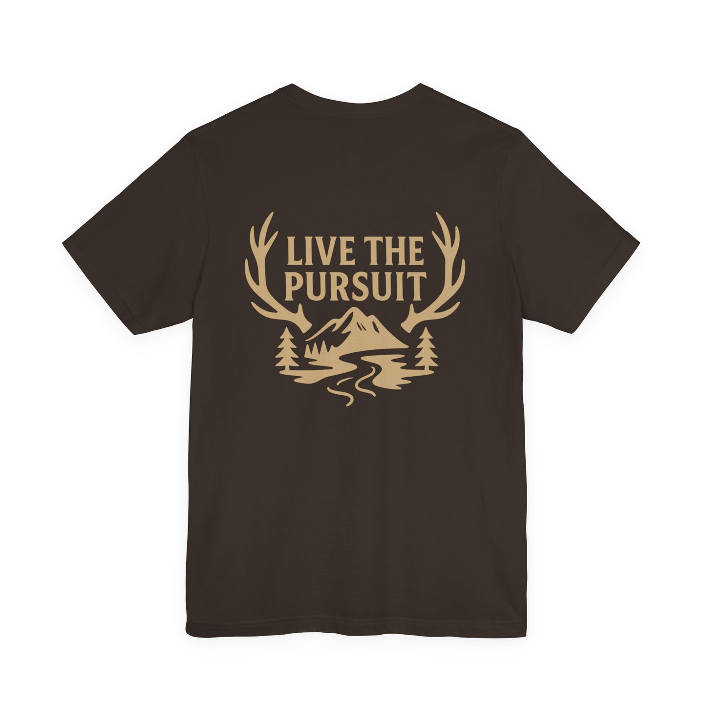 Brown Live The Pursuit t-shirt with antler and river outdoor graphic.
