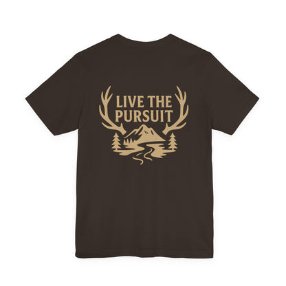 Brown Live The Pursuit t-shirt with antler and river outdoor graphic.