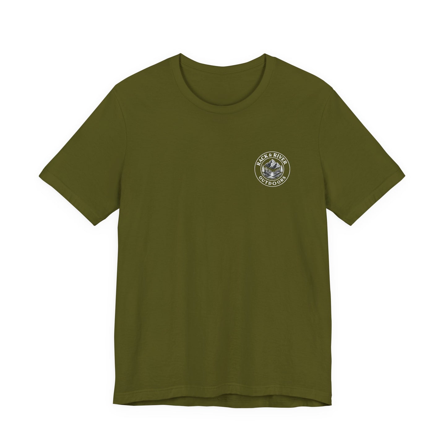 Green Rack & River Outdoors t-shirt with small outdoor chest emblem.