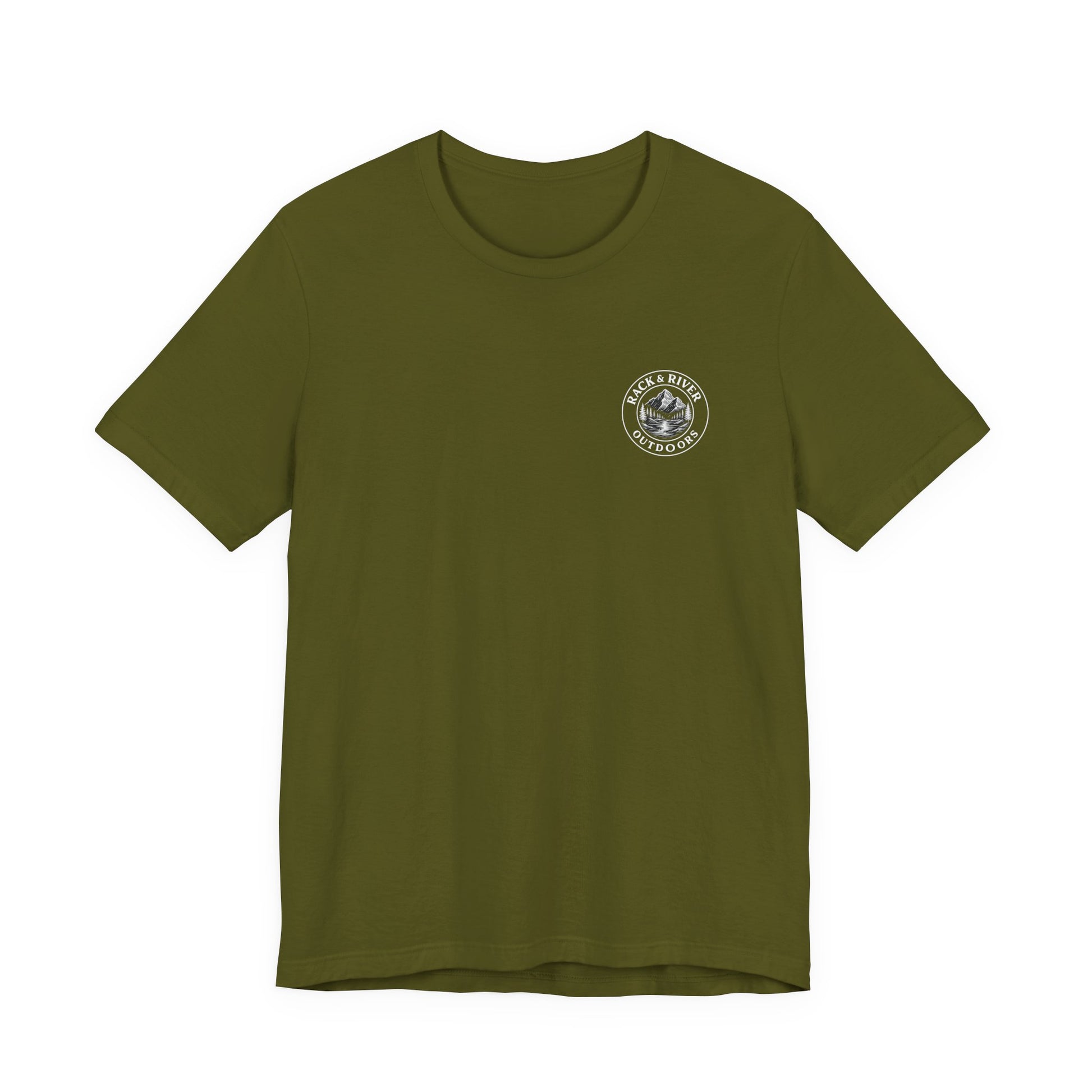 Green Rack & River Outdoors t-shirt with small outdoor chest emblem.