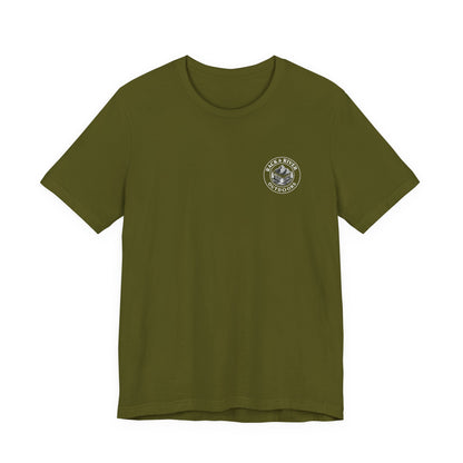 Green Rack & River Outdoors t-shirt with small outdoor chest emblem.