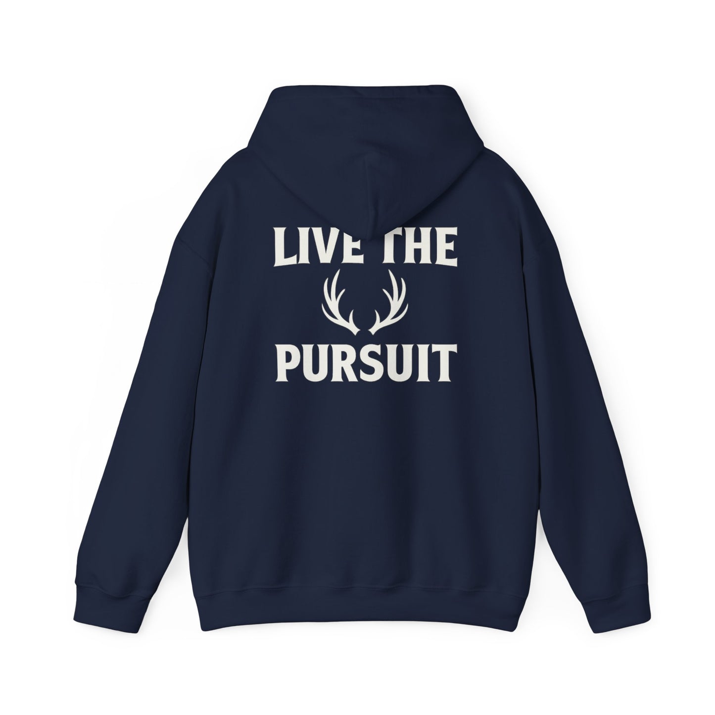 Navy Christian hoodie with large ‘Live The Pursuit’ antler graphic by Rack & River Outdoors.