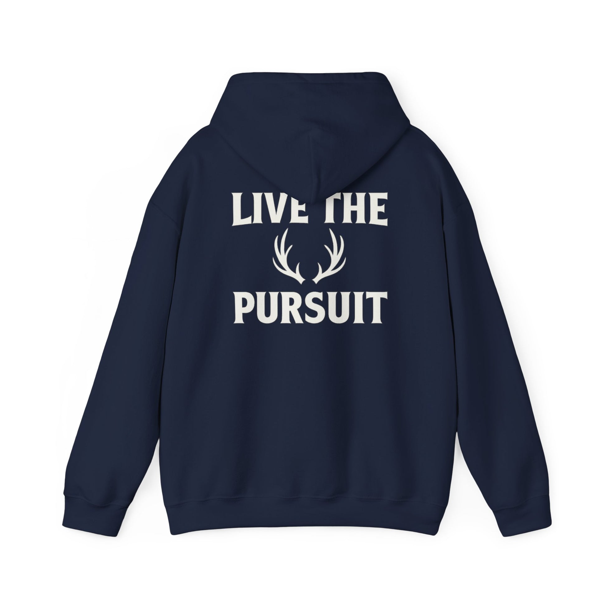 Navy Christian hoodie with large ‘Live The Pursuit’ antler graphic by Rack & River Outdoors.