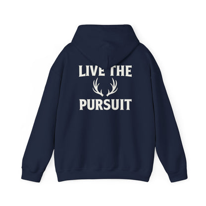 Navy Christian hoodie with large ‘Live The Pursuit’ antler graphic by Rack & River Outdoors.