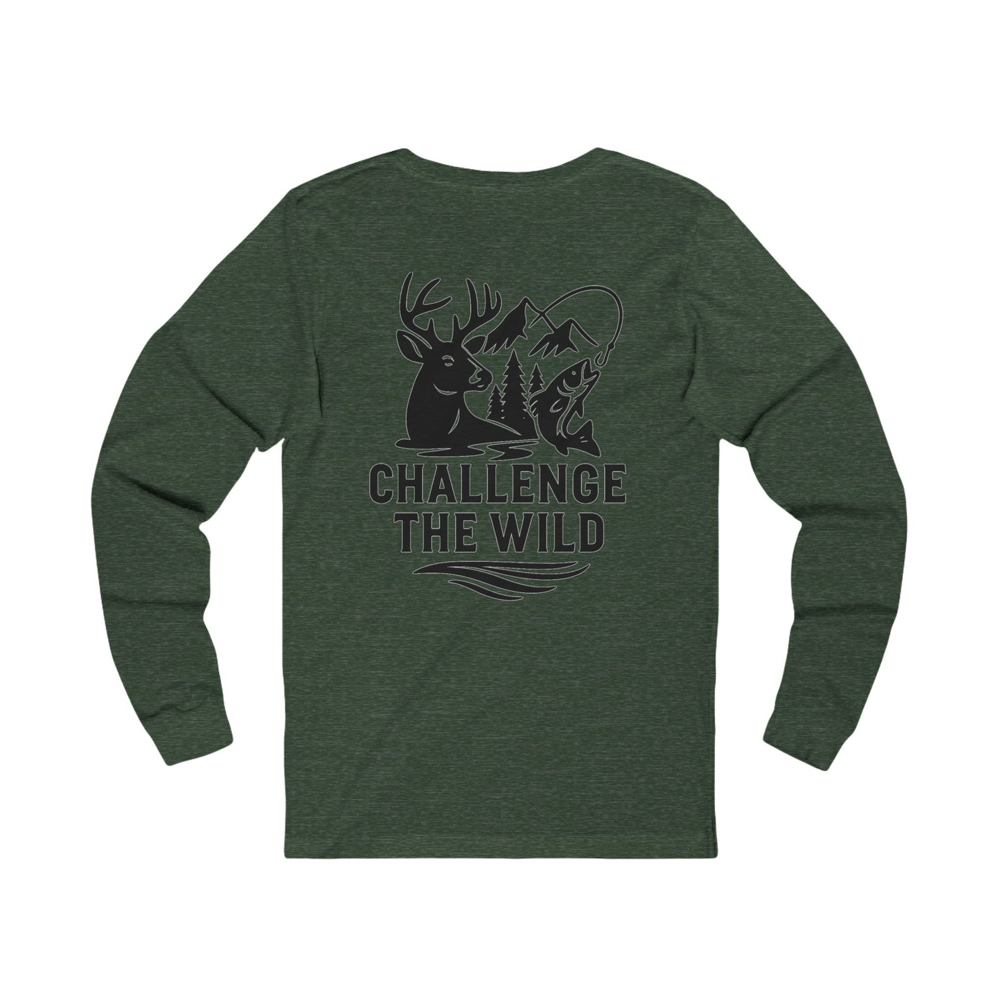 Green long sleeve shirt with black “Challenge the Wild” deer and wilderness graphic.