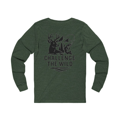 Green long sleeve shirt with black “Challenge the Wild” deer and wilderness graphic.