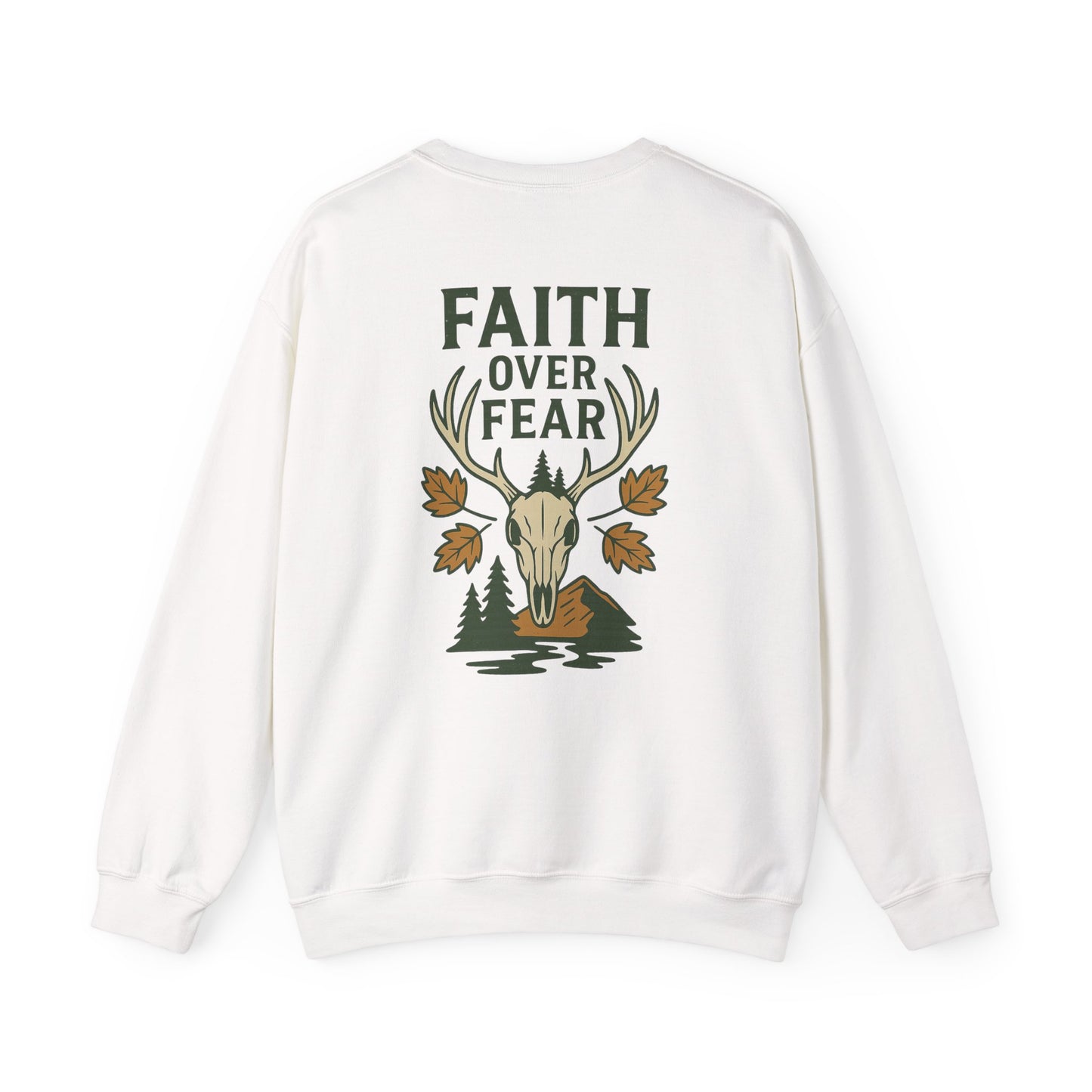 White Christian crewneck with ‘Faith Over Fear’ deer skull and fall leaves graphic, faith-based outdoor sweatshirt.