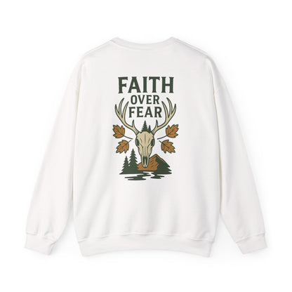 White Christian crewneck with ‘Faith Over Fear’ deer skull and fall leaves graphic, faith-based outdoor sweatshirt.