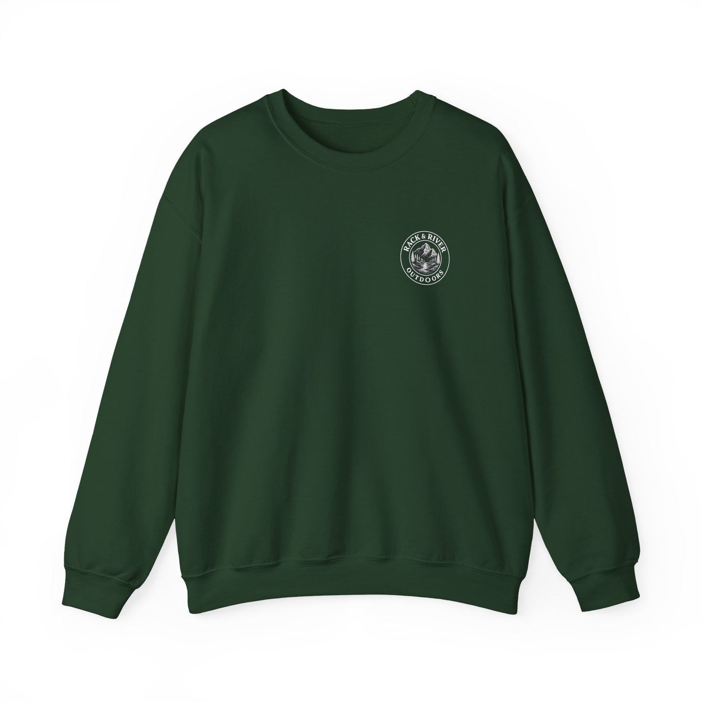 Green crewneck with small Rack & River Outdoors chest logo.