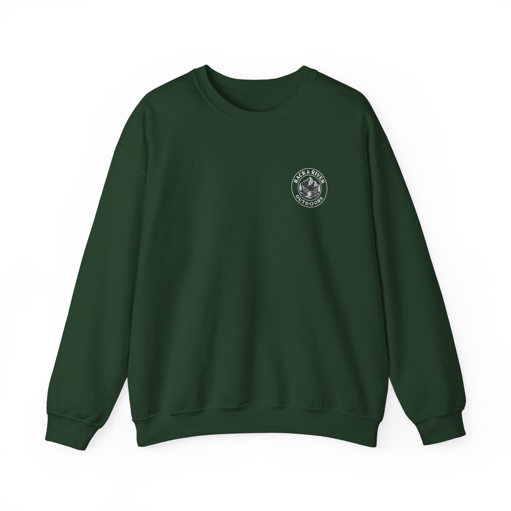 Green crewneck with small Rack & River Outdoors chest logo.
