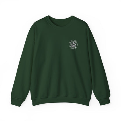 Green crewneck with small Rack & River Outdoors chest logo.