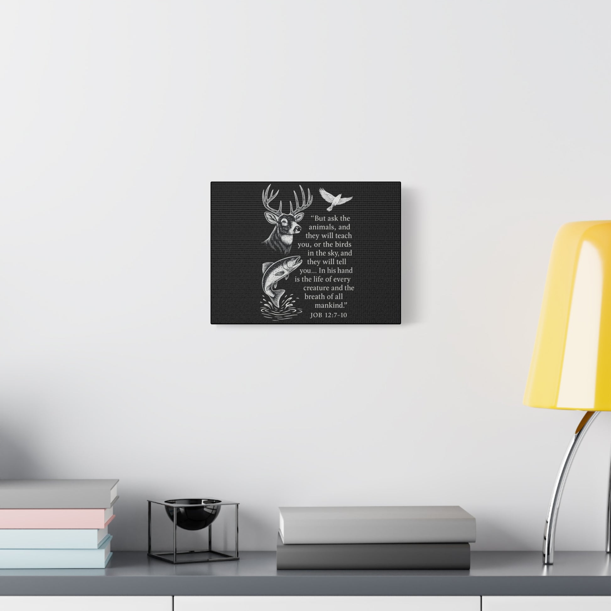 Christian Scripture canvas with deer and fish artwork hanging in modern living room — Job 12:7-10 design.