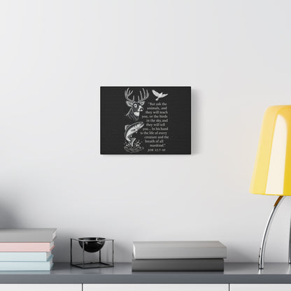 Christian Scripture canvas with deer and fish artwork hanging in modern living room — Job 12:7-10 design.