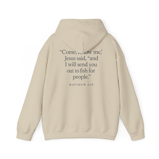 Sand Rack & River Outdoors hoodie with Matthew 4:19 scripture saying ‘Come, follow me’ and fishing-for-people design.