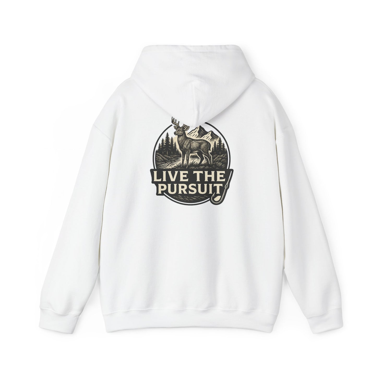 White colored Rack & River Outdoors hoodie with Live The Pursuit circular deer antler design.