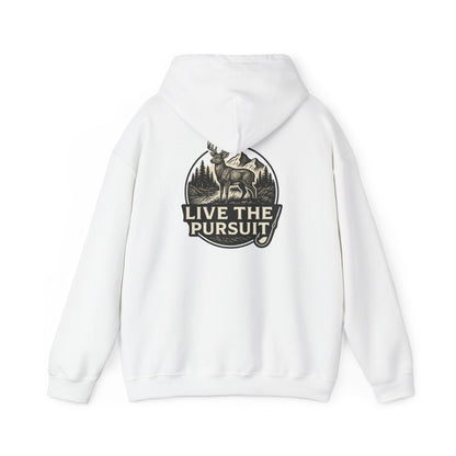 White colored Rack & River Outdoors hoodie with Live The Pursuit circular deer antler design.