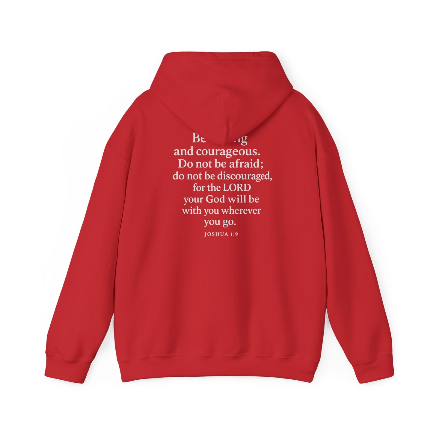 Red Christian hoodie with Joshua 1:9 Bible verse on the back by Rack & River Outdoors.