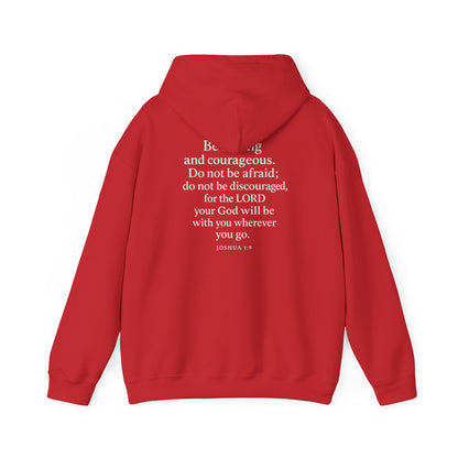 Red Christian hoodie with Joshua 1:9 Bible verse on the back by Rack & River Outdoors.