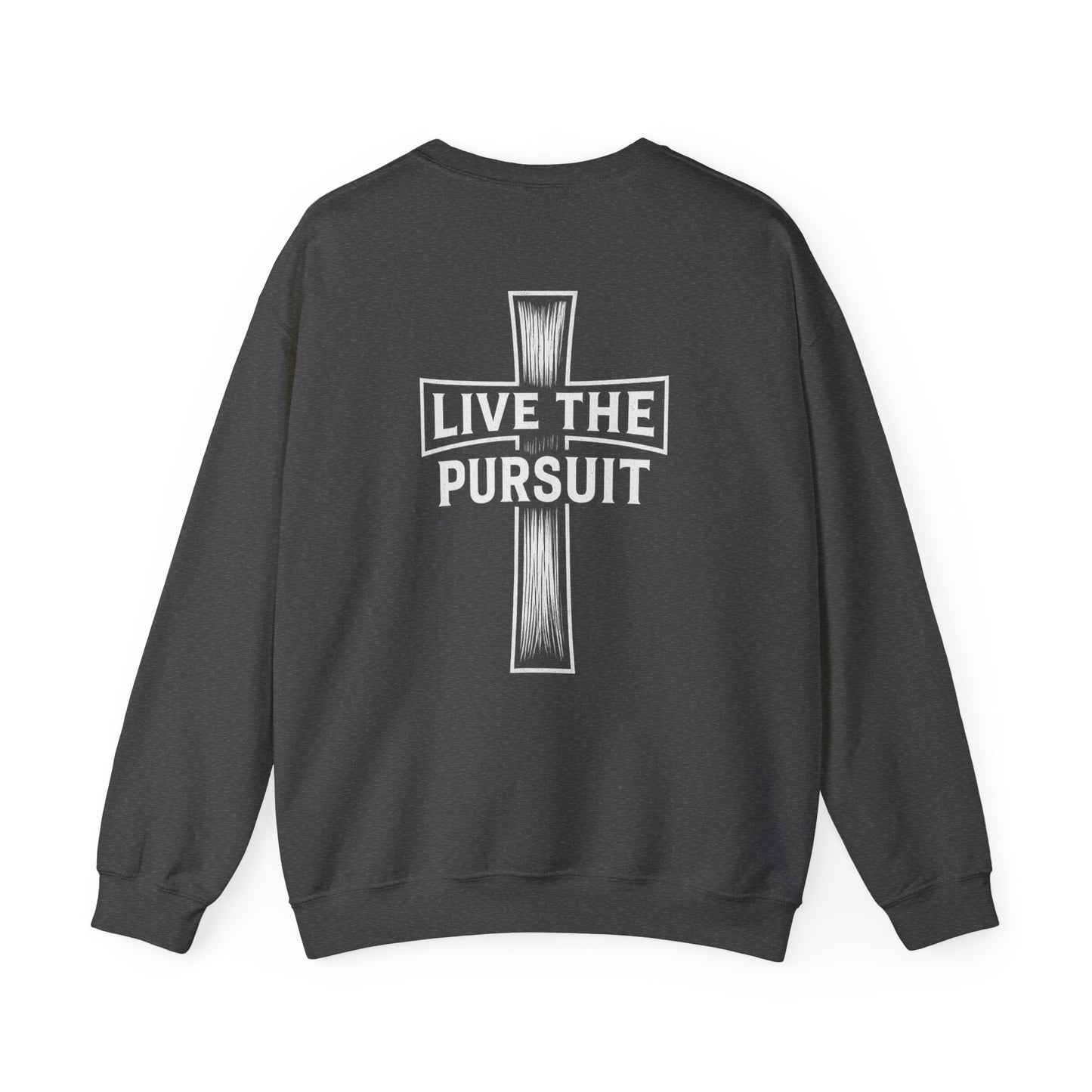 Gray Christian crewneck with ‘Live The Pursuit’ cross design by Rack & River Outdoors.