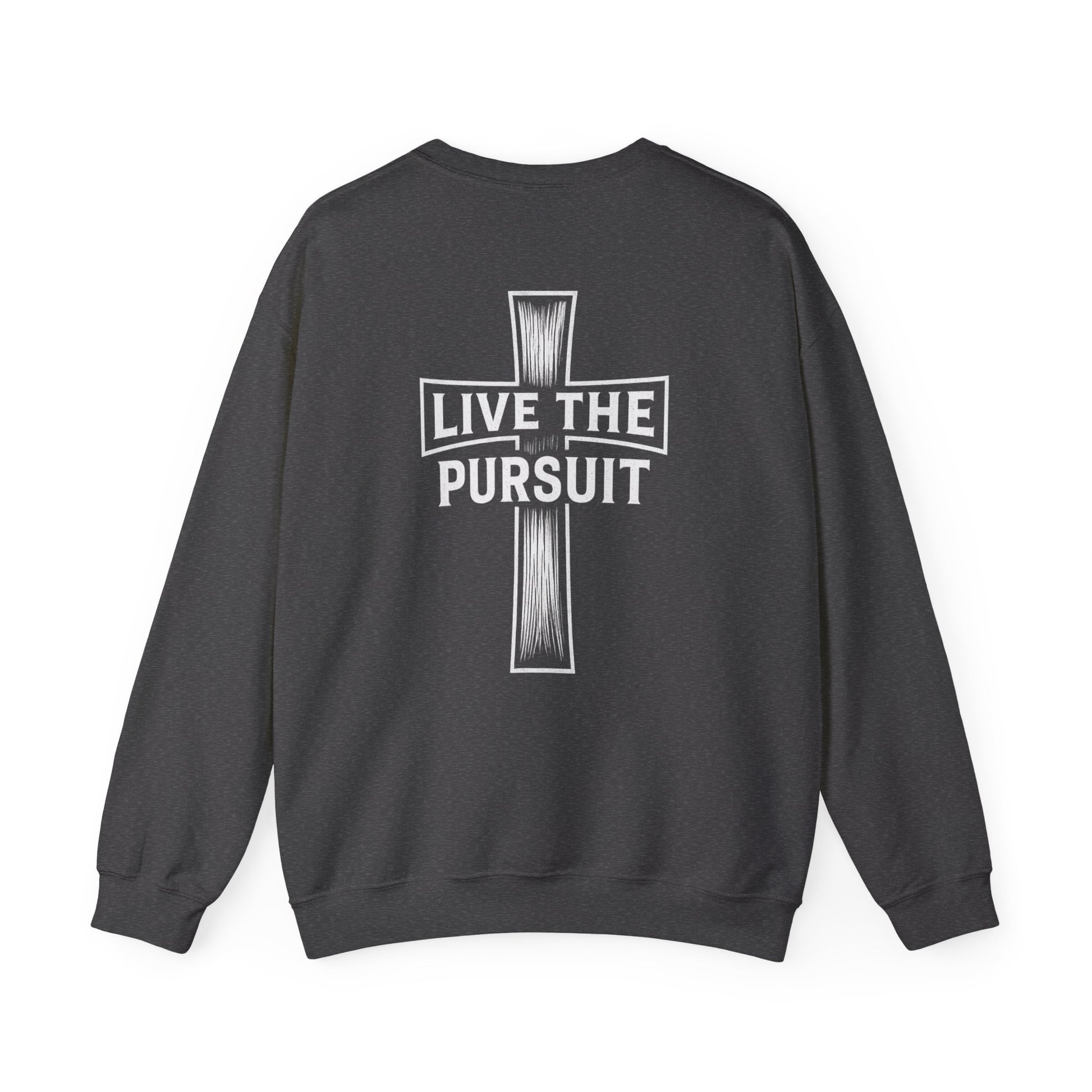 Gray Christian crewneck with ‘Live The Pursuit’ cross design by Rack & River Outdoors.