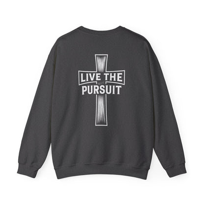 Gray Christian crewneck with ‘Live The Pursuit’ cross design by Rack & River Outdoors.