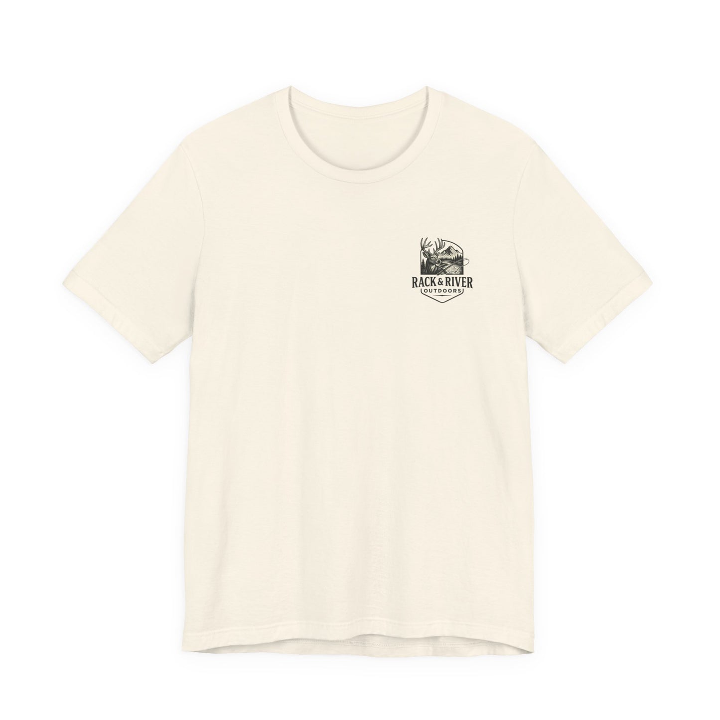 Cream Rack & River Outdoors t-shirt with small antler emblem on the chest.