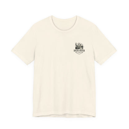 Cream Rack & River Outdoors t-shirt with small antler emblem on the chest.