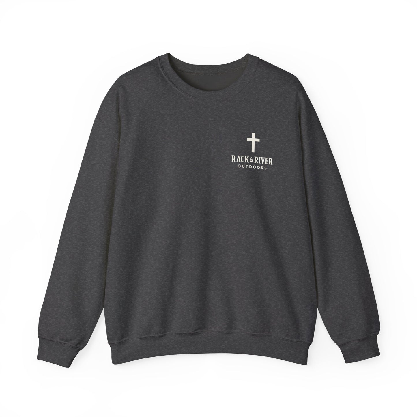 Dark gray unisex crewneck with Rack & River Outdoors chest logo.