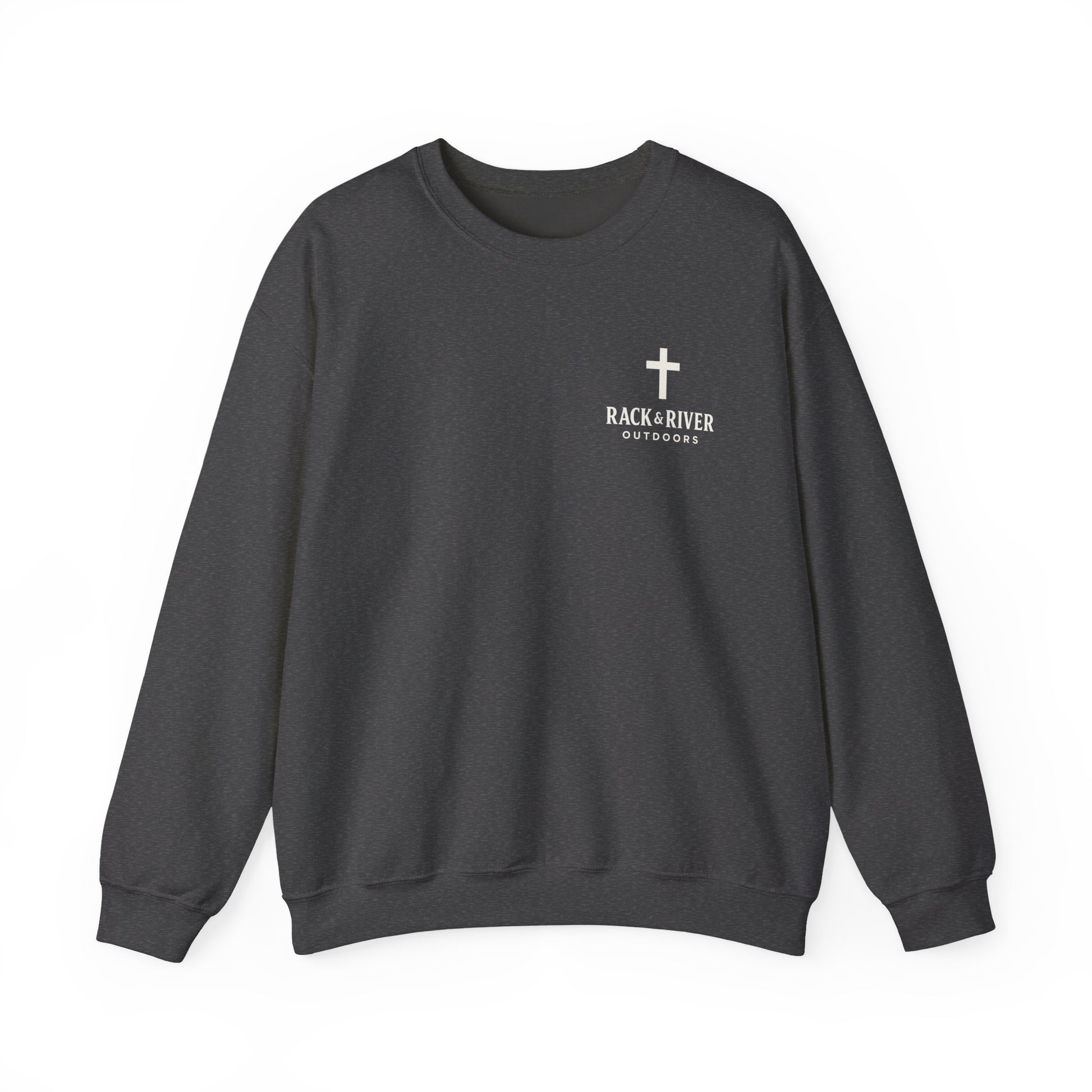 Dark gray unisex crewneck with Rack & River Outdoors chest logo.