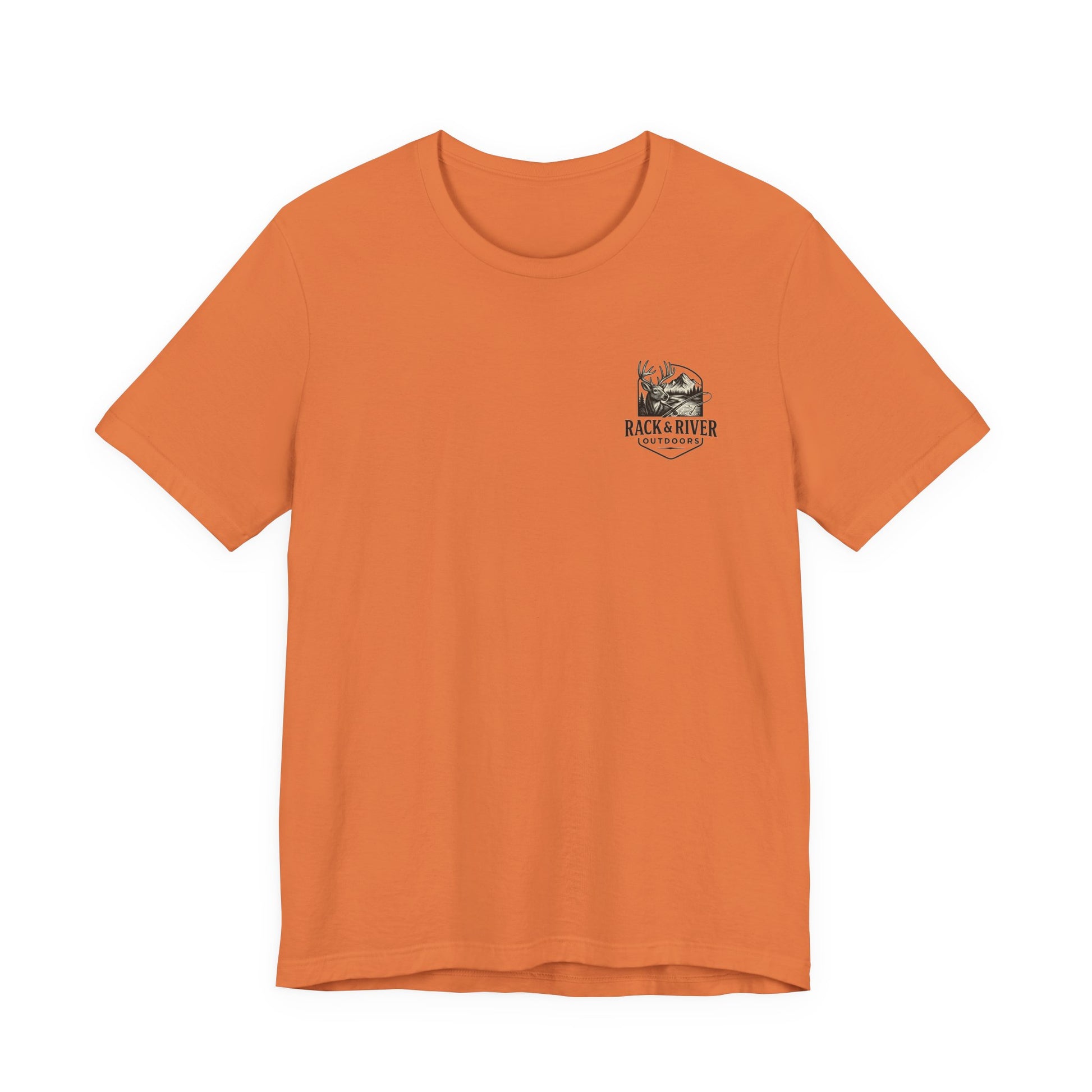 Orange Rack & River Outdoors t-shirt with small antler emblem on the chest.