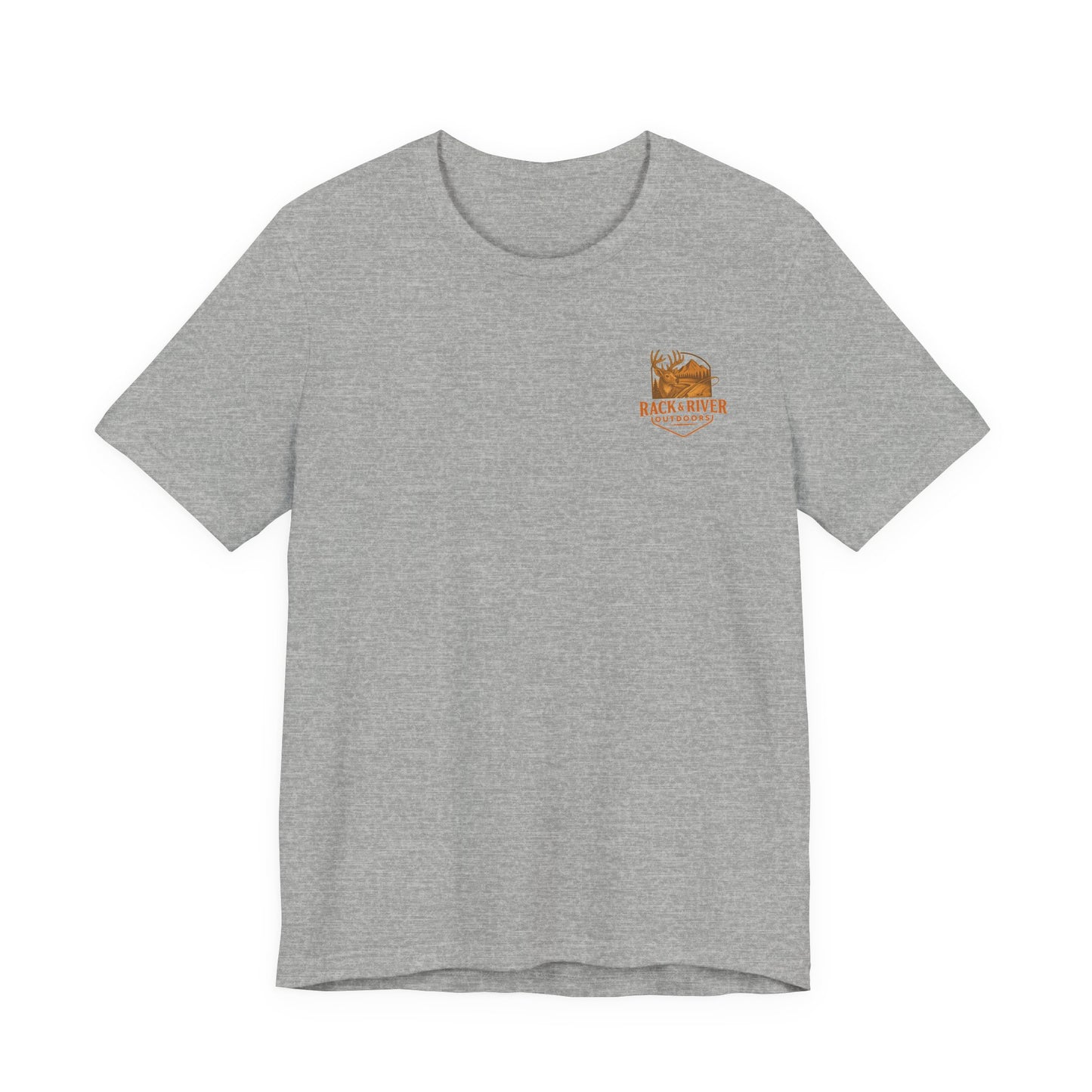 Light gray Christian outdoor lifestyle t-shirt featuring small Rack & River Outdoors deer logo on the left chest, product display on white background.