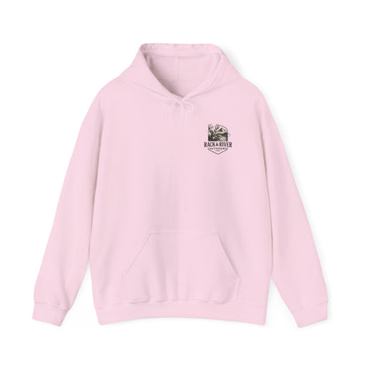 Pink hoodie with small Rack & River Outdoors chest logo, Christian outdoor apparel.