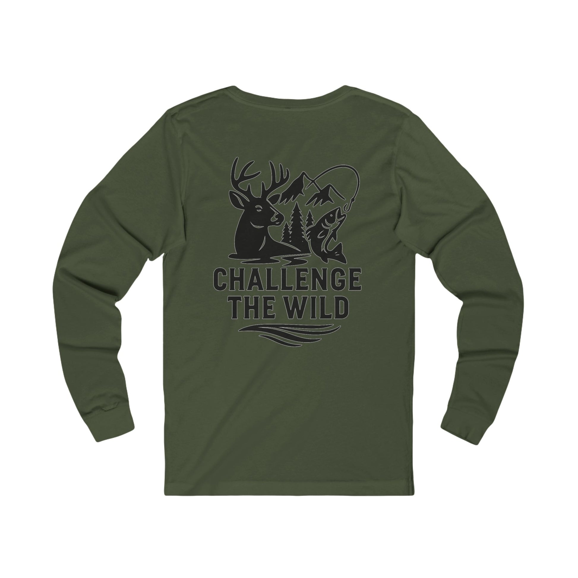 Green long sleeve shirt with black “Challenge the Wild” deer and wilderness graphic.