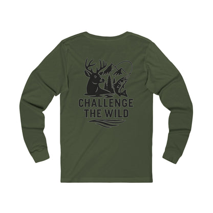 Green long sleeve shirt with black “Challenge the Wild” deer and wilderness graphic.