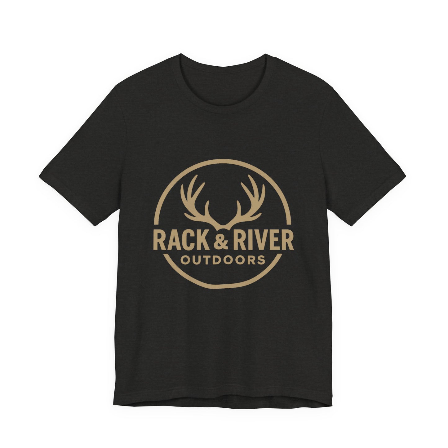 Black Rack & River Outdoors t-shirt with antler logo graphic.