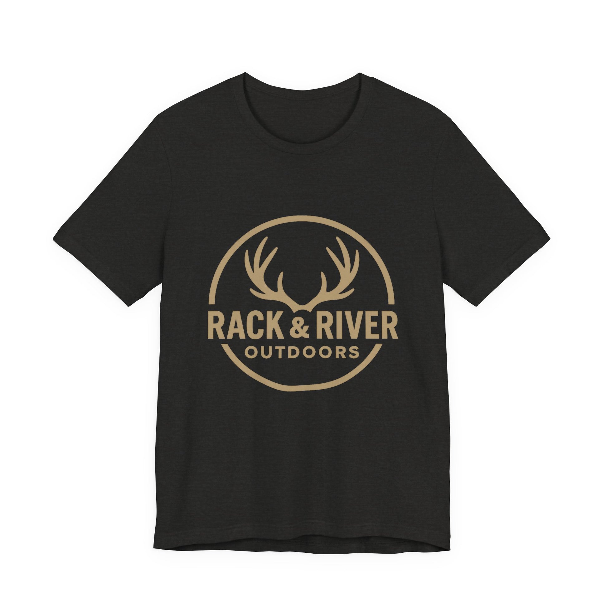 Black Rack & River Outdoors t-shirt with antler logo graphic.