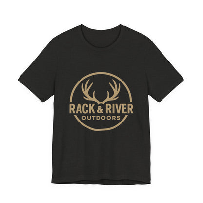Black Rack & River Outdoors t-shirt with antler logo graphic.