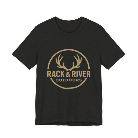 Black Rack & River Outdoors t-shirt with antler logo graphic.