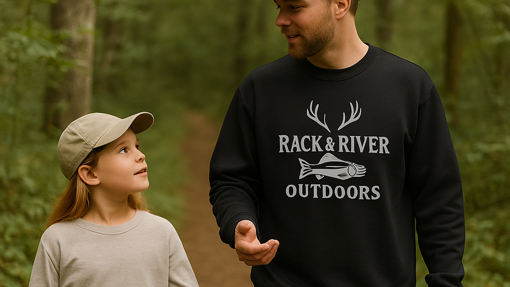 Man and child in a forest wearing 'Rack & River Outdoors' clothing